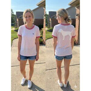PINK Victoria's Secret Ringer T-Shirt L Large Pink White Dog Logo Sheer Burnout